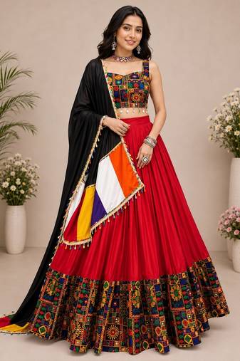 Red Plain Lehenga With Full Kutch Work Blouse For Navratri - full stitched free size
