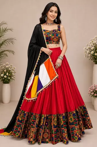 Red Plain Lehenga With Full Kutch Work Blouse For Navratri - full stitched free size
