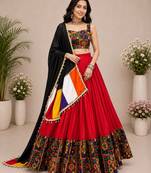 Red Plain Lehenga With Full Kutch Work Blouse For Navratri - full stitched free size