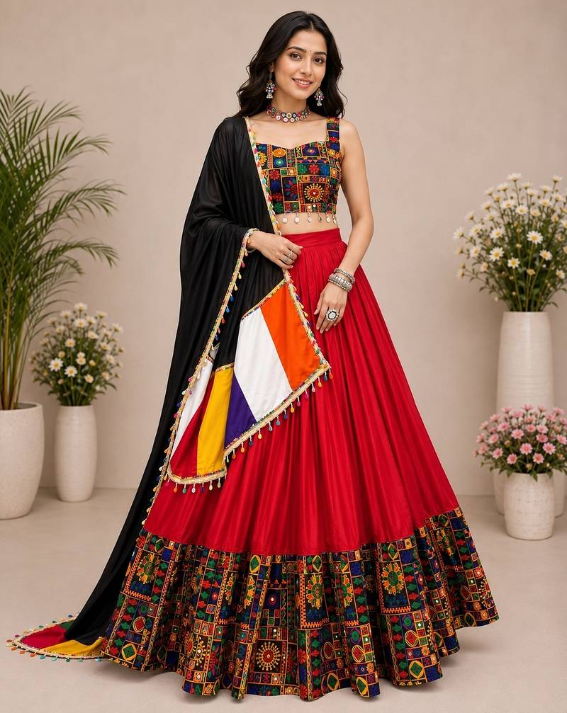 Red Plain Lehenga With Full Kutch Work Blouse For Navratri - full stitched free size