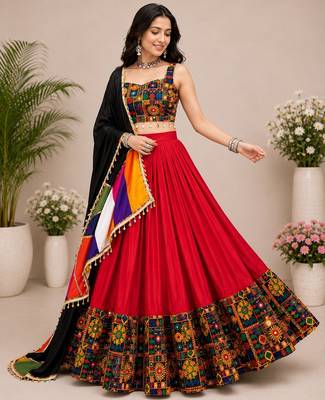Red Plain Lehenga With Full Kutch Work Blouse For Navratri - full stitched free size 2