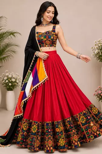 Red Plain Lehenga With Full Kutch Work Blouse For Navratri - full stitched free size