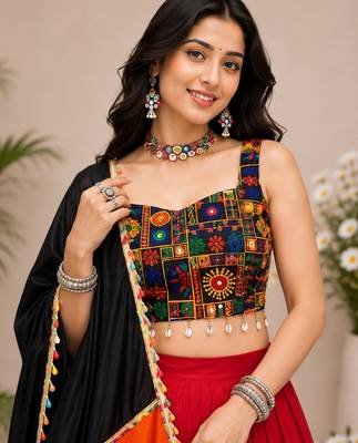Red Plain Lehenga With Full Kutch Work Blouse For Navratri - full stitched free size 3
