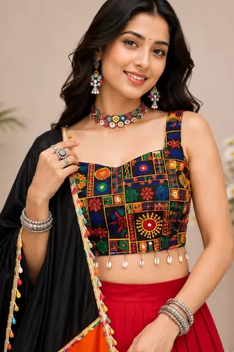 Red Plain Lehenga With Full Kutch Work Blouse For Navratri - full stitched free size