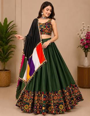 Mehendi Plain Lehenga With Full Kutch Work Blouse For Navratri - full stitched free size 1