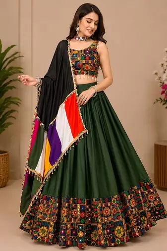 Mehendi Plain Lehenga With Full Kutch Work Blouse For Navratri - full stitched free size