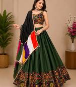 Mehendi Plain Lehenga With Full Kutch Work Blouse For Navratri - full stitched free size