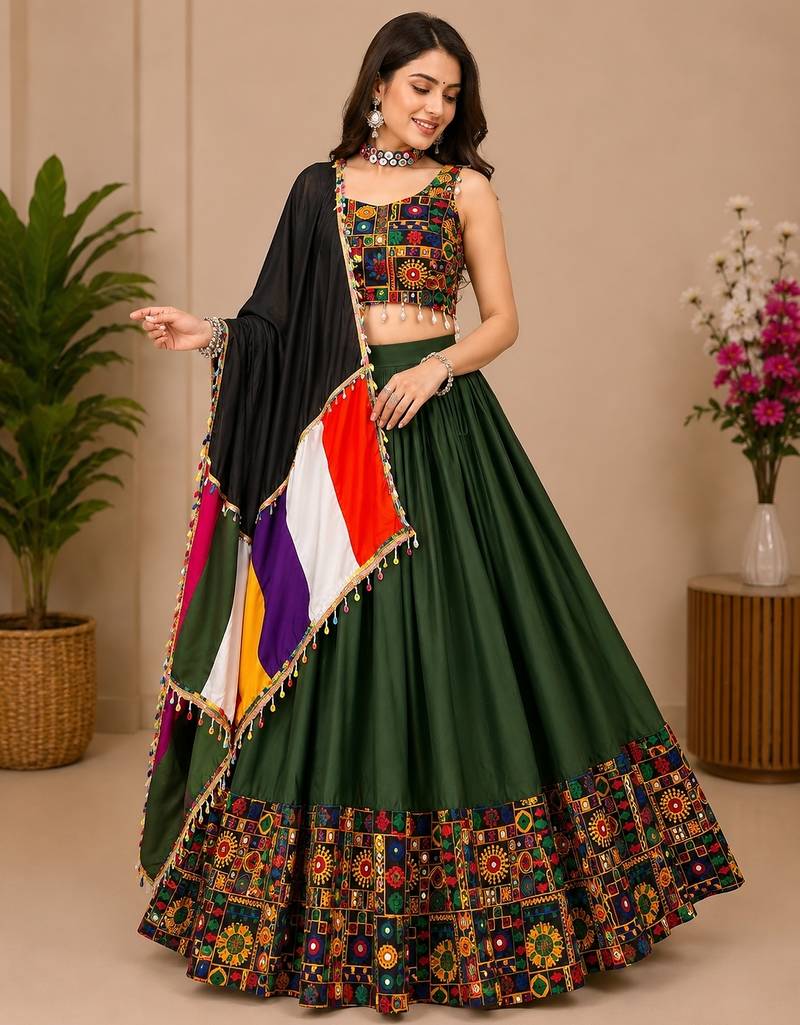 Mehendi Plain Lehenga With Full Kutch Work Blouse For Navratri - full stitched free size
