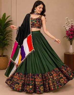 Mehendi Plain Lehenga With Full Kutch Work Blouse For Navratri - full stitched free size 2