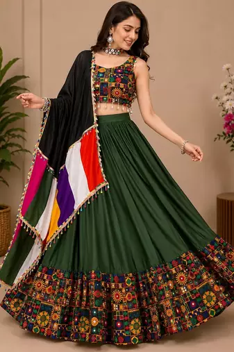 Mehendi Plain Lehenga With Full Kutch Work Blouse For Navratri - full stitched free size