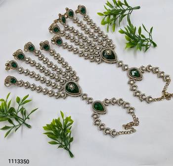 Green Stone & Agate Stone Haath Phool (Hath Panja), Antique Gold Plated 3