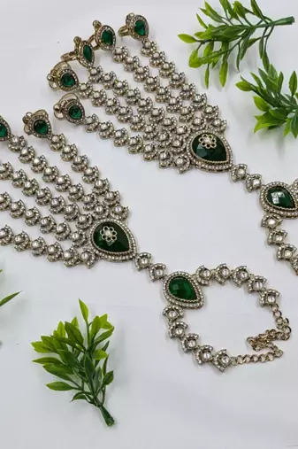 Green Stone & Agate Stone Haath Phool (Hath Panja), Antique Gold Plated