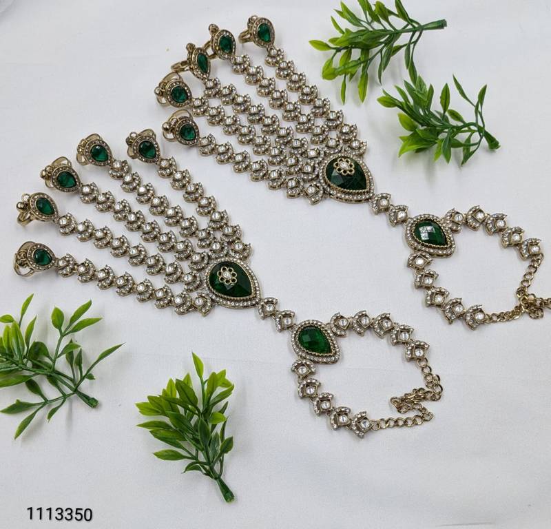 Green Stone & Agate Stone Haath Phool (Hath Panja), Antique Gold Plated