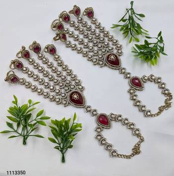 Maroon Stone & Agate Stone Haath Phool (Hath Panja) | Antique Gold-Plated Jewelry 3