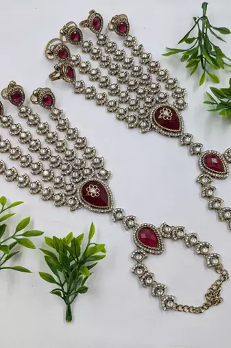 Maroon Stone & Agate Stone Haath Phool (Hath Panja) | Antique Gold-Plated Jewelry