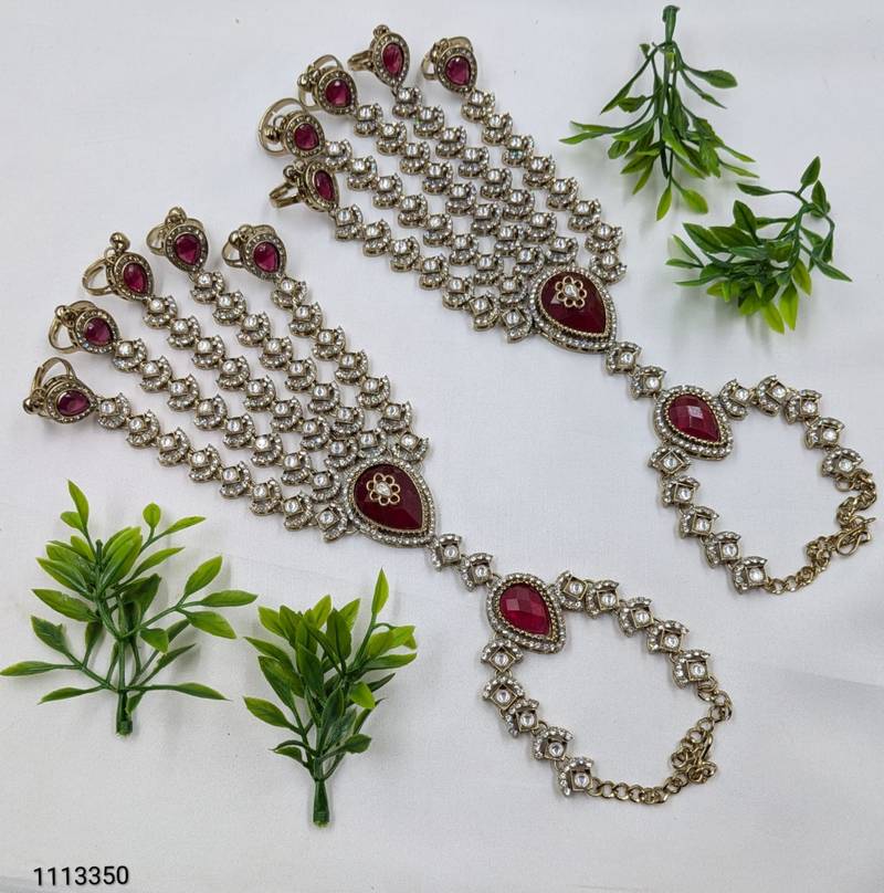Maroon Stone & Agate Stone Haath Phool (Hath Panja) | Antique Gold-Plated Jewelry