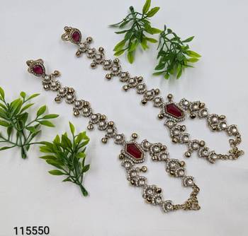 Maroon Stone & Agate Stone Haath Phool (Hath Panja), Antique Gold-Plated 3