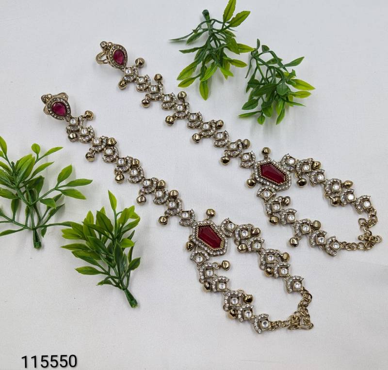 Maroon Stone & Agate Stone Haath Phool (Hath Panja), Antique Gold-Plated