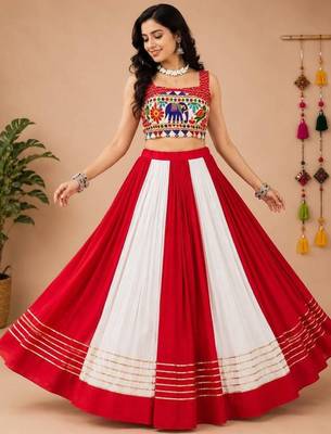 Red & White Gota Patti And Kali Work Rayon Cotton Navratri Lehenga With Blouse - full stitched free size 1