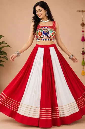 Red & White Gota Patti And Kali Work Rayon Cotton Navratri Lehenga With Blouse - full stitched free size
