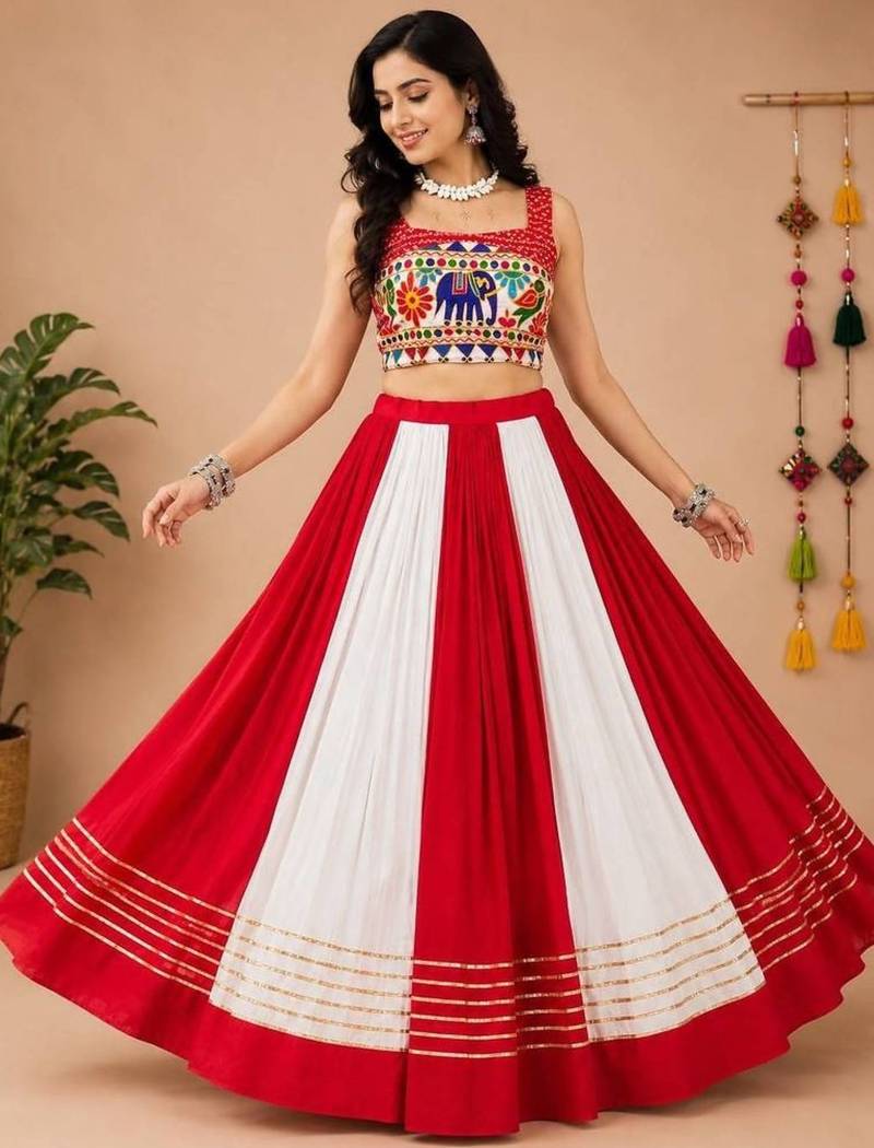 Red & White Gota Patti And Kali Work Rayon Cotton Navratri Lehenga With Blouse - full stitched free size