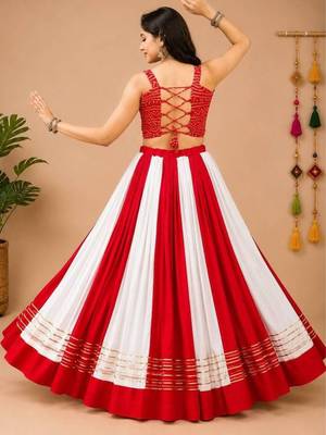 Red & White Gota Patti And Kali Work Rayon Cotton Navratri Lehenga With Blouse - full stitched free size 2