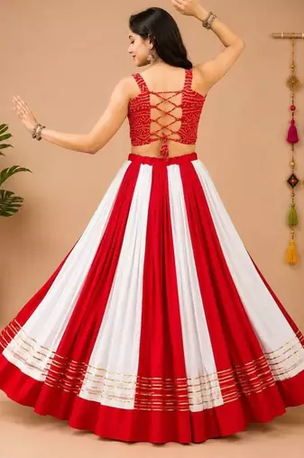 Red & White Gota Patti And Kali Work Rayon Cotton Navratri Lehenga With Blouse - full stitched free size