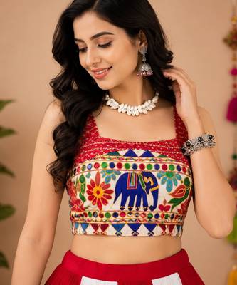 Red & White Gota Patti And Kali Work Rayon Cotton Navratri Lehenga With Blouse - full stitched free size 3
