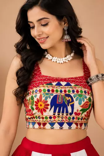 Red & White Gota Patti And Kali Work Rayon Cotton Navratri Lehenga With Blouse - full stitched free size