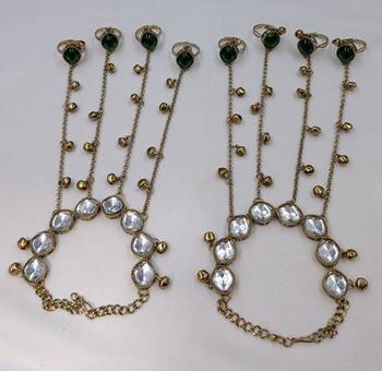 Green stone & agate stone haath phool (hath panja), antique gold plated 3