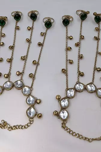 Green stone & agate stone haath phool (hath panja), antique gold plated