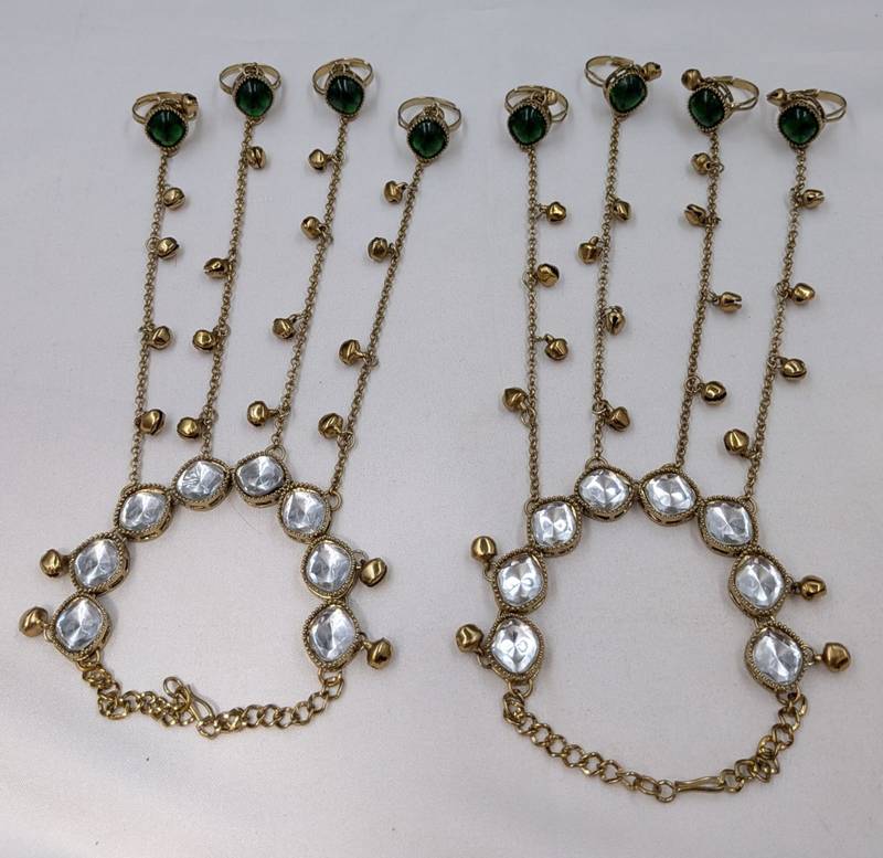 Green stone & agate stone haath phool (hath panja), antique gold plated