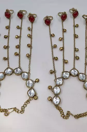 Maroon stone & agate stone haath phool (hath panja), antique gold plated