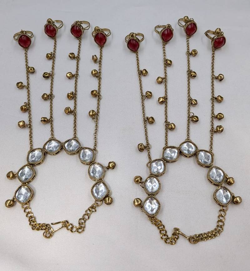 Maroon stone & agate stone haath phool (hath panja), antique gold plated