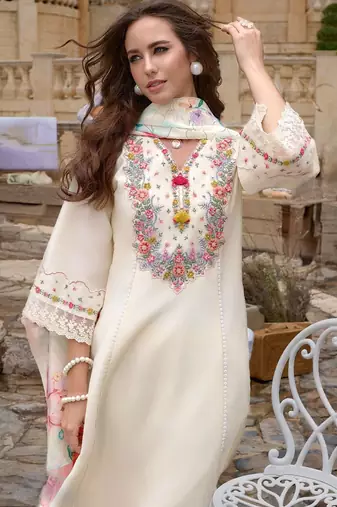 Floral Embroidered Kurta With Trousers & Dupatta
