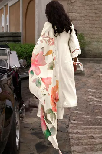 Floral Embroidered Kurta With Trousers & Dupatta
