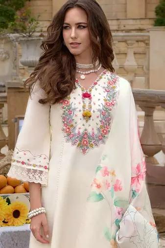 Floral Embroidered Kurta With Trousers & Dupatta