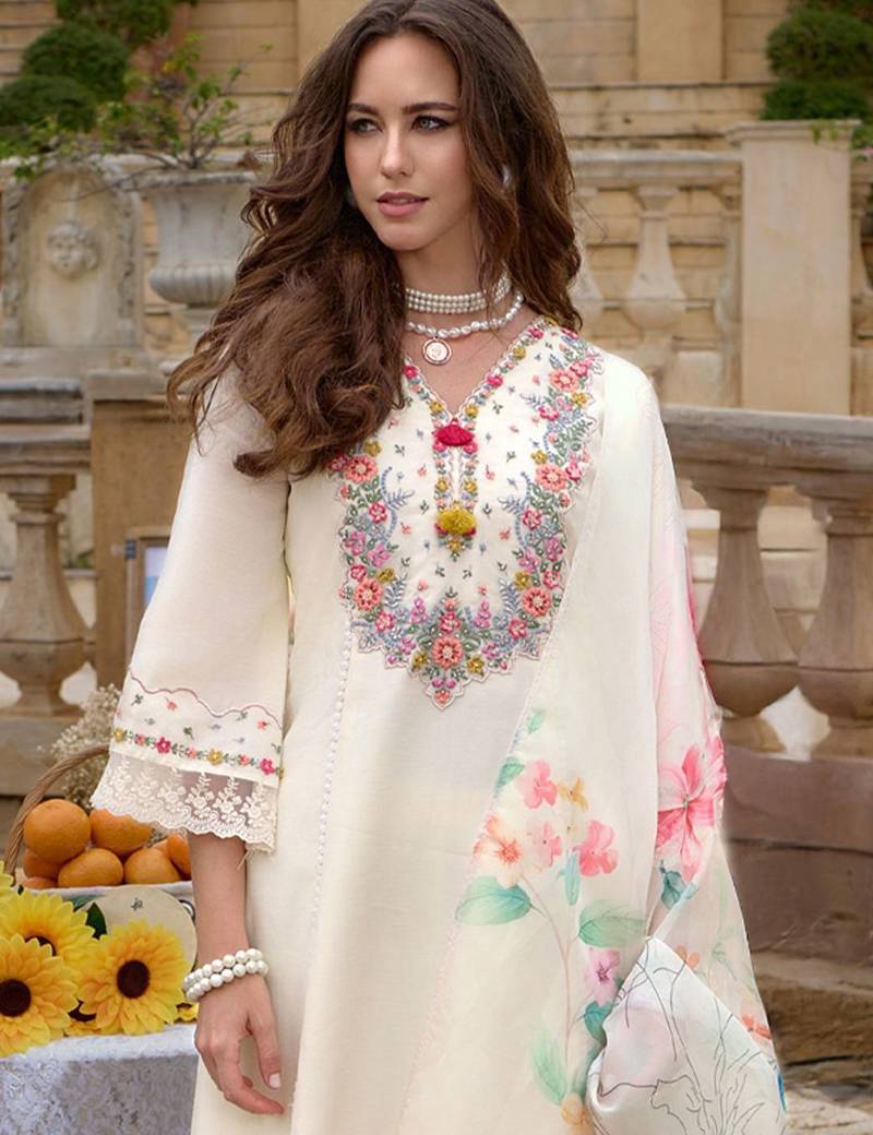 Floral Embroidered Kurta With Trousers & Dupatta