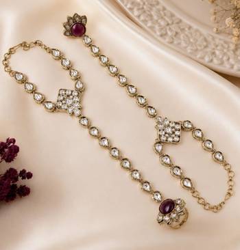 Maroon stone & agate stone haath phool (hath panja), antique gold plated 1