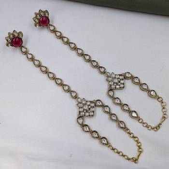 Maroon stone & agate stone haath phool (hath panja), antique gold plated 2