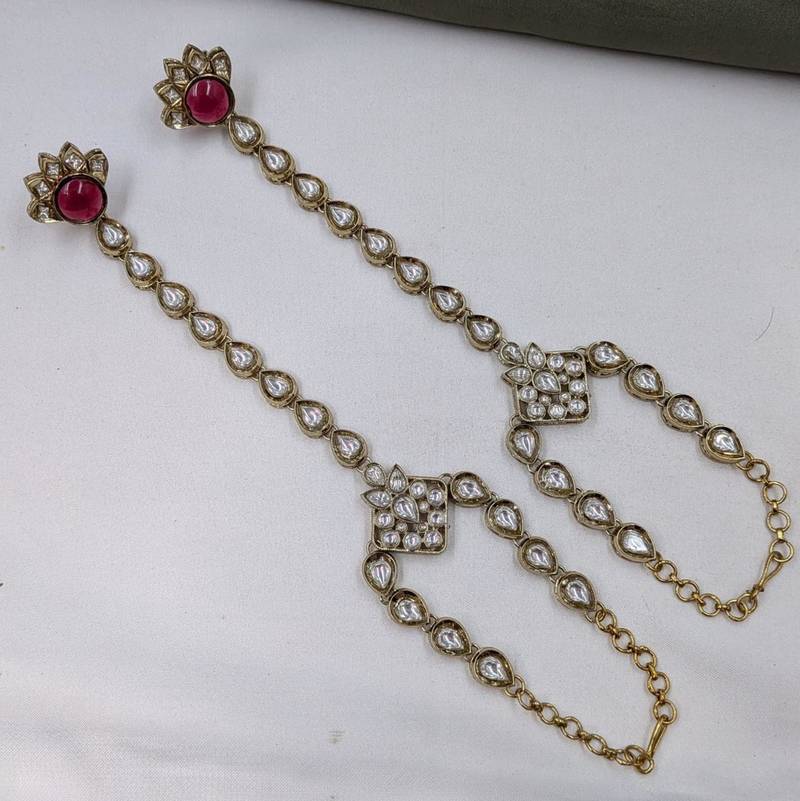 Maroon stone & agate stone haath phool (hath panja), antique gold plated