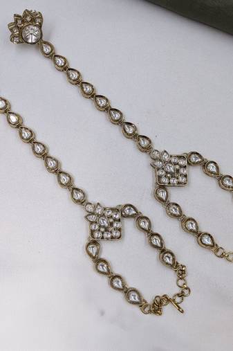 White Stone & Agate Stone Haath Phool (Hath Panja), Antique Gold-Plated