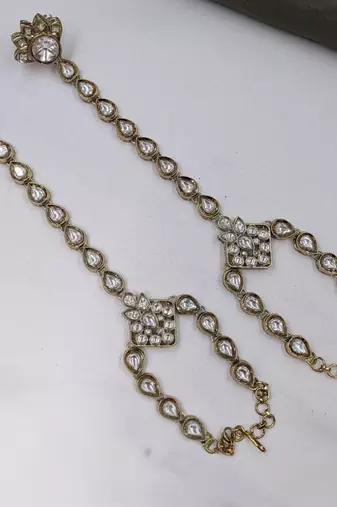White Stone & Agate Stone Haath Phool (Hath Panja), Antique Gold-Plated