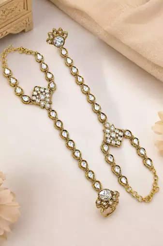 White Stone & Agate Stone Haath Phool (Hath Panja), Antique Gold-Plated