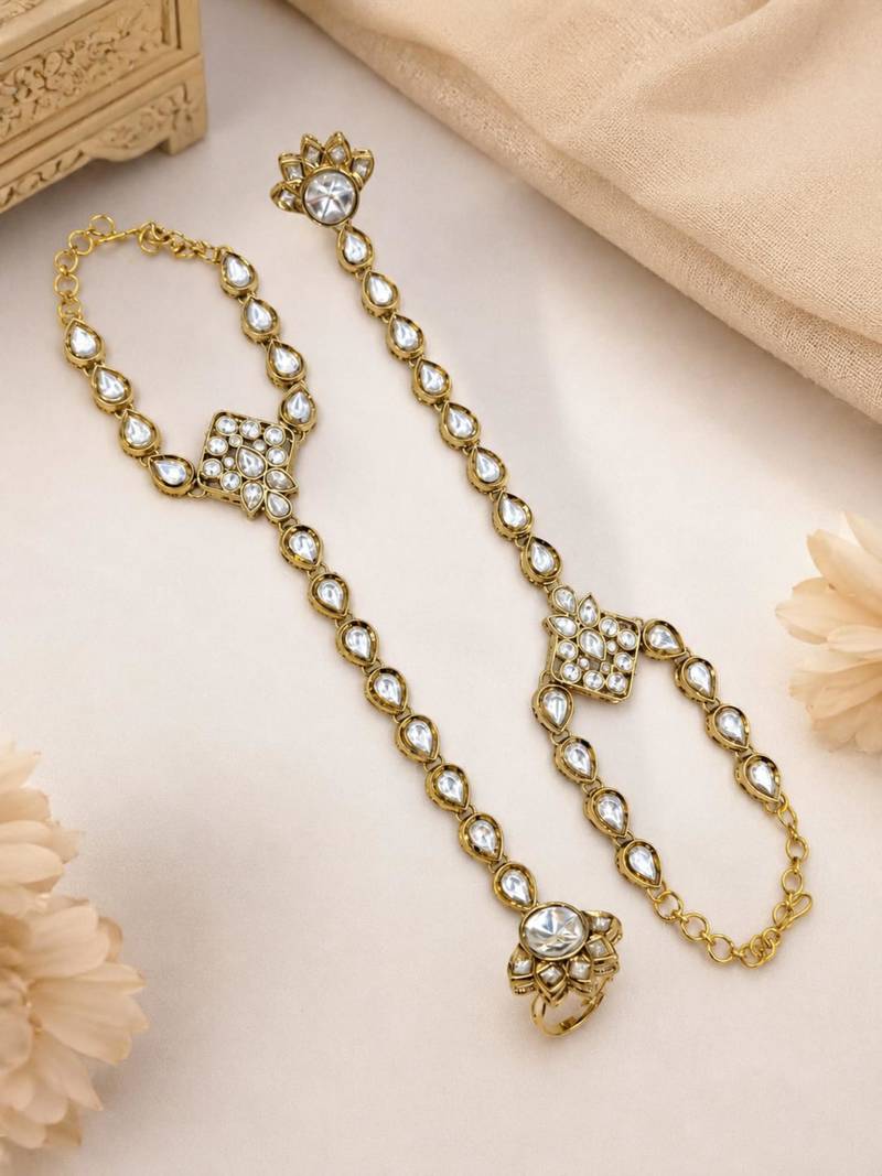 White Stone & Agate Stone Haath Phool (Hath Panja), Antique Gold-Plated