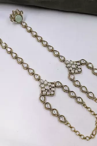 Pista stone & agate stone haath phool (hath panja), antique gold plated