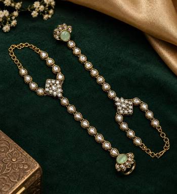 Pista stone & agate stone haath phool (hath panja), antique gold plated 2
