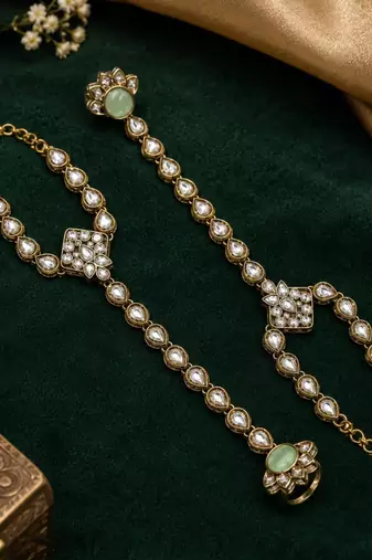 Pista stone & agate stone haath phool (hath panja), antique gold plated