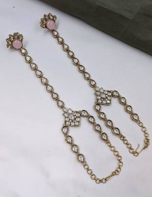 Pink stone & agate stone haath phool (hath panja), antique gold plated 1
