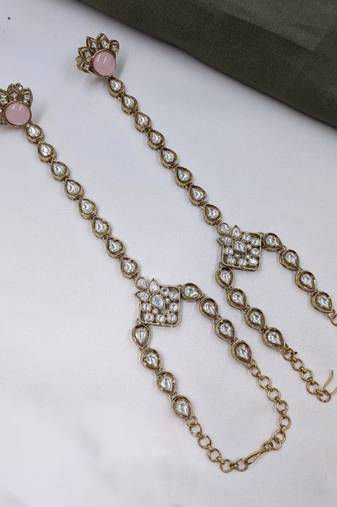 Pink stone & agate stone haath phool (hath panja), antique gold plated
